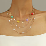 Daiiibabyyy Fashion Gold Plated Chain Star Moon Cartoon Sun Heart Pendant Necklace For Women Female Boho Multilevel Artificial Pearl Jewelry