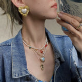 Daiiibabyyy Beaded NecklaceNiche DesignFrench Vintage Stacked Freshwater Pearl NecklaceWomen's Metal PendantLockbone ChainNecklace