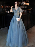 Elegant Bling Blue Evening Dresses Women A-line Sexy V-neck Puff Sleeve Bandage Cocktail Party Prom Gown Vestidos Robe De Soiree