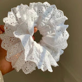 Daiiibabyyy Handmade Hollow Lace Hair Scrunchies Double Layer Flower Cotton Hair Bands Women Fashion Hair Ties Ponytail Holder Accessories