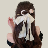 Daiiibabyyy Summer Fashion Net Yarn Bow Ribbon Hair Sticks Handmade Flower Hair Bun Sweet Hairpin For Women Girl Headwear Free Shipping