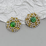 Daiiibabyyy Temperament Vintage Green Water Drop Glass Earring Elegant Metal Pearl Flower Crystal Earrings for Women Wedding Party Jewelry