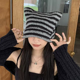 Daiiibabyyy 2023 Striped Beanie with Cat Ear Women Contrast Cute Devil Horns Hat Girls Handmade Crochet Winter Warm Ski Cap Halloween Gift