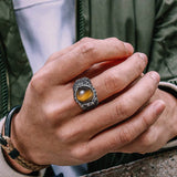 Daiiibabyyy Men's Tiger Eye Stone Signet Rings,Rock Punk Dark Silver Color Stainless Steel Male Gothic Jewelry
