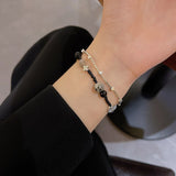 Daiiibabyyy Vintage Double Layer Cross Love Heart Irregular Beaded Bracelets for Women Lady Gifts Unusual Black Stone Beads Bracelet Jewelry
