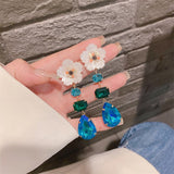 Daiiibabyyy Beautiful Shell Flower Pink Blue Crystal Water Drop Dangle Earrings For Women