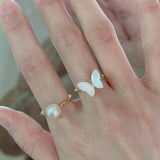 Daiiibabyyy Korean Fashion Cute Shell Zircon Butterfly Adjustable Rings For Women Elegant Pearl Finger Knuckle Rings Aesthetic Jewelry