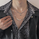 Daiiibabyyy Simple Fashion Metal Beaded Dice Pendant Necklace Hip Hop Punk Men's Stitching Pearl Double Layer Necklace Anniversary Gift