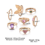 Daiiibabyyy New Heart Butterfly Rings Pink Crystal Zircon Bohemian Woman Personality 7 Pieces Vintage Jewelry Set Gift Fashion Accessories