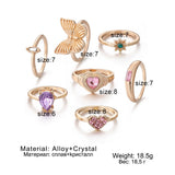 Daiiibabyyy New Heart Butterfly Rings Pink Crystal Zircon Bohemian Woman Personality 7 Pieces Vintage Jewelry Set Gift Fashion Accessories