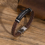 Daiiibabyyy Men's Free Personalized Custom Stainless Steel ID Bar Bracelets with Braided Leather Rope,Casual Male Wristband Bangles Gift