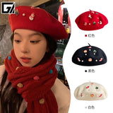 Daiiibabyyy Women Christmas New Year Gift Snowman Pearl Wool Beret Winter Red Soft Wool Painter Hat Students Lovely Wool Bud Hat