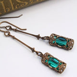 Daiiibabyyy Vintage Green Blue Zircon Rhinestones Long Dangle Earrings for Women Antique Bronze Color Drop Earring Female Party Jewelry Gift