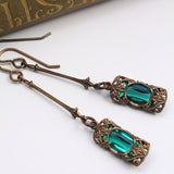 Daiiibabyyy Vintage Green Blue Zircon Rhinestones Long Dangle Earrings for Women Antique Bronze Color Drop Earring Female Party Jewelry Gift