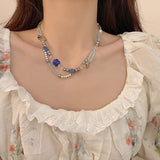 Daiiibabyyy Exquisite design flower butterfly glass bead double layer necklace personality cold style female clavicle chain accessories