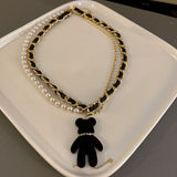 Europe Hip-hop New Design Black Green Plush Bear Pendant Necklace Double Layer Pearl Choker Clavicle Chain Women daiiibabyyy
