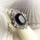 Vintage Punk Gothic Big Oval Black Crystal Ring for Women Antique Carved Metal Rhinstone Cocktail Rings Party Jewelry WholeSale