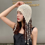 Daiiibabyyy Crochet Knitted hat women fashion hollow knitted tassel princess hat elegant spring cute pearl accessories hats for women 2022