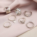 Daiiibabyyy 7pcs Vintage Hollow Love Heart Rings Set for Men Women Fashion Retro Open Adjustable Ring Party Jewelry Wedding Couple Gifts