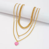 Daiiibabyyy Vintage Gold Color Punk Chain Necklace For Women Female Fashion Multilevel Crystal Beads Oil Drop Red Heart Pendant Jewelry Gift