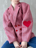 Fashion Pink Plaid Heart Print Coat Women Lapel Lantern Sleeve Notched Double Breasted Jacket Autumn Grace Female Outwear
