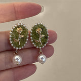 Daiiibabyyy New French Vintage Fashion Baroque Green Rose Pearl Drop Earrings for Women Aesthetic Jewelry Wholesale Accessories