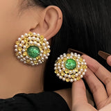 Daiiibabyyy Temperament Vintage Green Water Drop Glass Earring Elegant Metal Pearl Flower Crystal Earrings for Women Wedding Party Jewelry