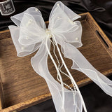 Elegant Pearls Tassel Hairpin White Crepe Ribbon Bow Spring Wedding Bridal Hair Accessories Handmade Pearl BowKnot Headdress daiiibabyyy