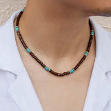 Daiiibabyyy IngeSight.Z Mens Black Wood Beaded Choker Necklace Boho Green Stone Surfer Necklace Chunky African Tribal Necklace for Men