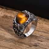 Daiiibabyyy Men's Tiger Eye Stone Signet Rings,Rock Punk Dark Silver Color Stainless Steel Male Gothic Jewelry
