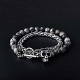 Daiiibabyyy Punk Style Natural Tiger Eye Agate Lava Stone Bead Skull Bracelet Double Layer Stainless Steel Men's Bracelet Grunge Jewelry