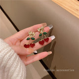 Sweet Cute Crystal Red Heart Cherry Drop Earrings For Women Girls Fashion Temperament Jewelry Charm Dangle Earrings Brincos Gift daiiibabyyy