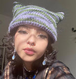 Daiiibabyyy 2023 Striped Beanie with Cat Ear Women Contrast Cute Devil Horns Hat Girls Handmade Crochet Winter Warm Ski Cap Halloween Gift