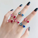 Daiiibabyyy Geometric Tear Drop Heart Shaped Cubic Zirconia Colorful Stone Enamel Band Open Adjusted Women Finger Rings