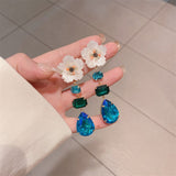 Daiiibabyyy Beautiful Shell Flower Pink Blue Crystal Water Drop Dangle Earrings For Women