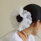 Daiiibabyyy Handmade Hollow Lace Hair Scrunchies Double Layer Flower Cotton Hair Bands Women Fashion Hair Ties Ponytail Holder Accessories