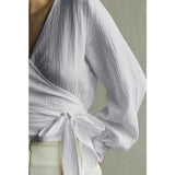 100%  Cotton Gauze Muslin Shirts And Blouses Sexy V-Neck Long Sleeve Top Bandage Lace Stylish Women'S Blouse Camisas