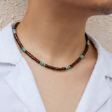 Daiiibabyyy IngeSight.Z Mens Black Wood Beaded Choker Necklace Boho Green Stone Surfer Necklace Chunky African Tribal Necklace for Men