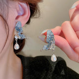 Daiiibabyyy Minar Fairy Blue Color Crystal Butterfly Bling Bling Earring for Women Simulated Pearl Wings Dangle Drop Earrings Party Jewelry