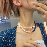 Daiiibabyyy Beaded NecklaceNiche DesignFrench Vintage Stacked Freshwater Pearl NecklaceWomen's Metal PendantLockbone ChainNecklace