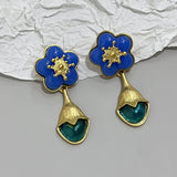 Daiiibabyyy Temperament Vintage Green Water Drop Glass Earring Elegant Metal Pearl Flower Crystal Earrings for Women Wedding Party Jewelry