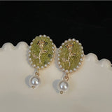 Daiiibabyyy New French Vintage Fashion Baroque Green Rose Pearl Drop Earrings for Women Aesthetic Jewelry Wholesale Accessories