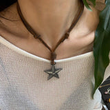 Daiiibabyyy Simple Style Kpop Star Pentagram Pendant Necklaces for Men Women Vintage Adjustable Leather Long Necklace Fashion Jewelry