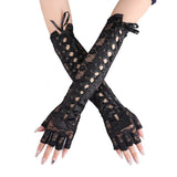Daiiibabyyy Women Sexy Floral Lace Elbow Length Half-Finger Gloves Black String Ribbon Ties Up Dance Party Fingerless Fishnet Mesh Mittens