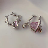 Personality Pink Zircon Love Heart Stud Earrings for Woman Sweet Cool Pink Zircon Cross Ear Clip Young Girl Jewelry Wholesale