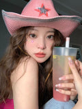 Daiiibabyyy Pink Western Women Cowboy Hat Sun Straw Men Hat  Adult Size Adjustable Pink Star Cowboy Hat White Cowgirl Hat Cow Girl Hat