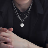 Daiiibabyyy Three-layer Stainless Steel Necklace Men Statement Multi-layer Face Portrait Coin Pendant Necklace Hip hop Streetwear Collar