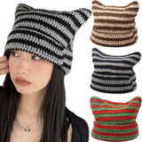 Daiiibabyyy 2023 Striped Beanie with Cat Ear Women Contrast Cute Devil Horns Hat Girls Handmade Crochet Winter Warm Ski Cap Halloween Gift
