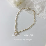 Daiiibabyyy Beaded NecklaceNiche DesignFrench Vintage Stacked Freshwater Pearl NecklaceWomen's Metal PendantLockbone ChainNecklace