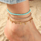 Daiiibabyyy Vintage Fashion Green Rice Bead Gold Color Punk Crystal Chain Star Pendant Anklets For Women Multilevel Boho Beach  Jewelry